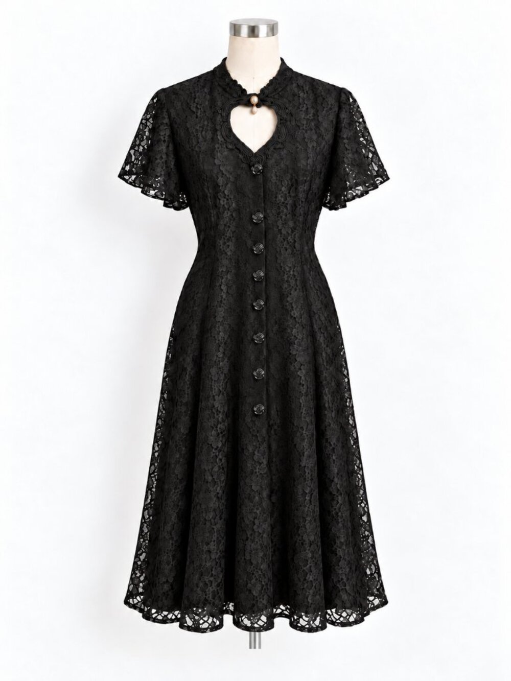 Vintage 1990s Two Roads Black Lace Pearl Keyhole Romantic Goth Dress M